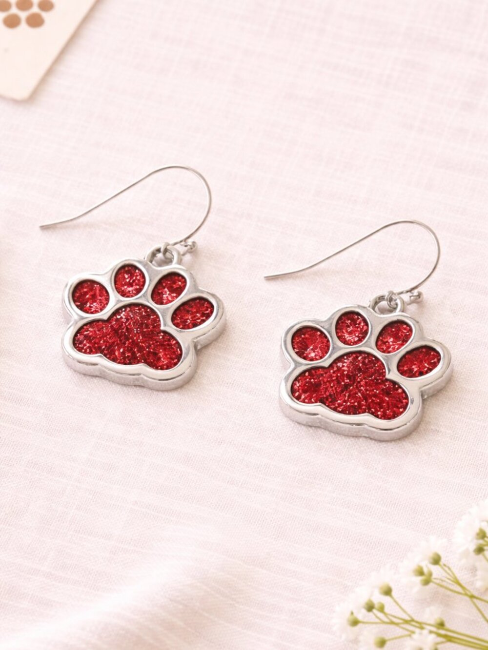 Red Glitter Paw Print Dangle Earrings Pet Lover Jewelry